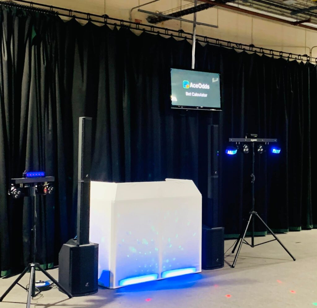 Mobile disco booth, column speakers and party lights used by Disco DJ Hire Doncaster